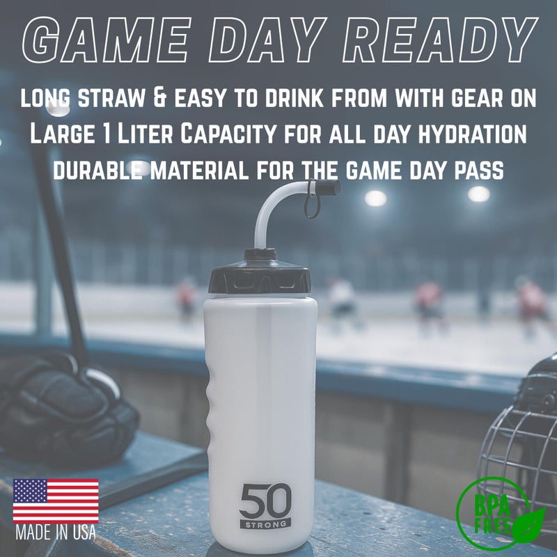50 Strong 1 Liter Water Bottle with Straw | Hockey Water Bottle with Long Straw | Easy Squeeze Bottles + Built In Finger Grip | BPA-Free Sports Water Bottle for Football, Lacrosse & Boxing | Made in USA - Image 2